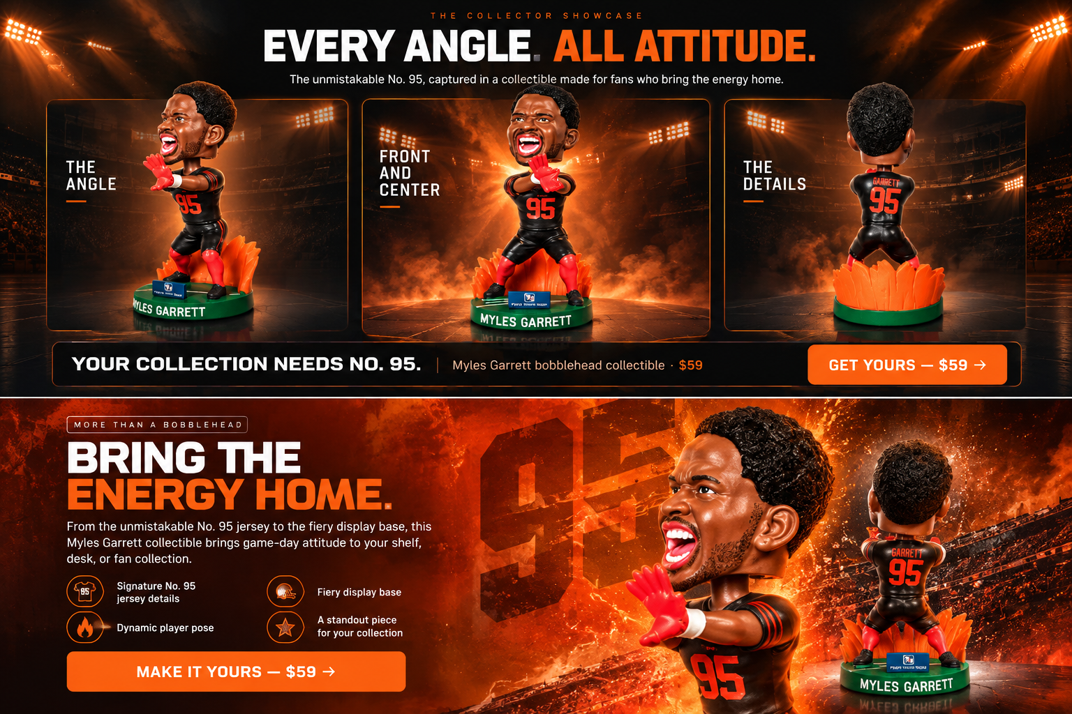 Myles Garrett No. 95 bobblehead collectible shown from multiple angles