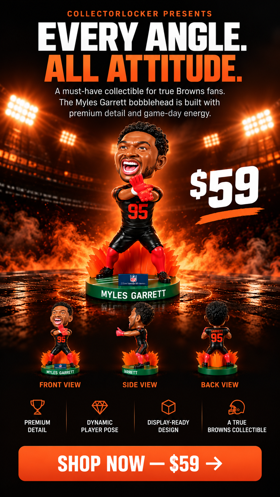 Myles Garrett No. 95 bobblehead collectible featuring front, side, and back views